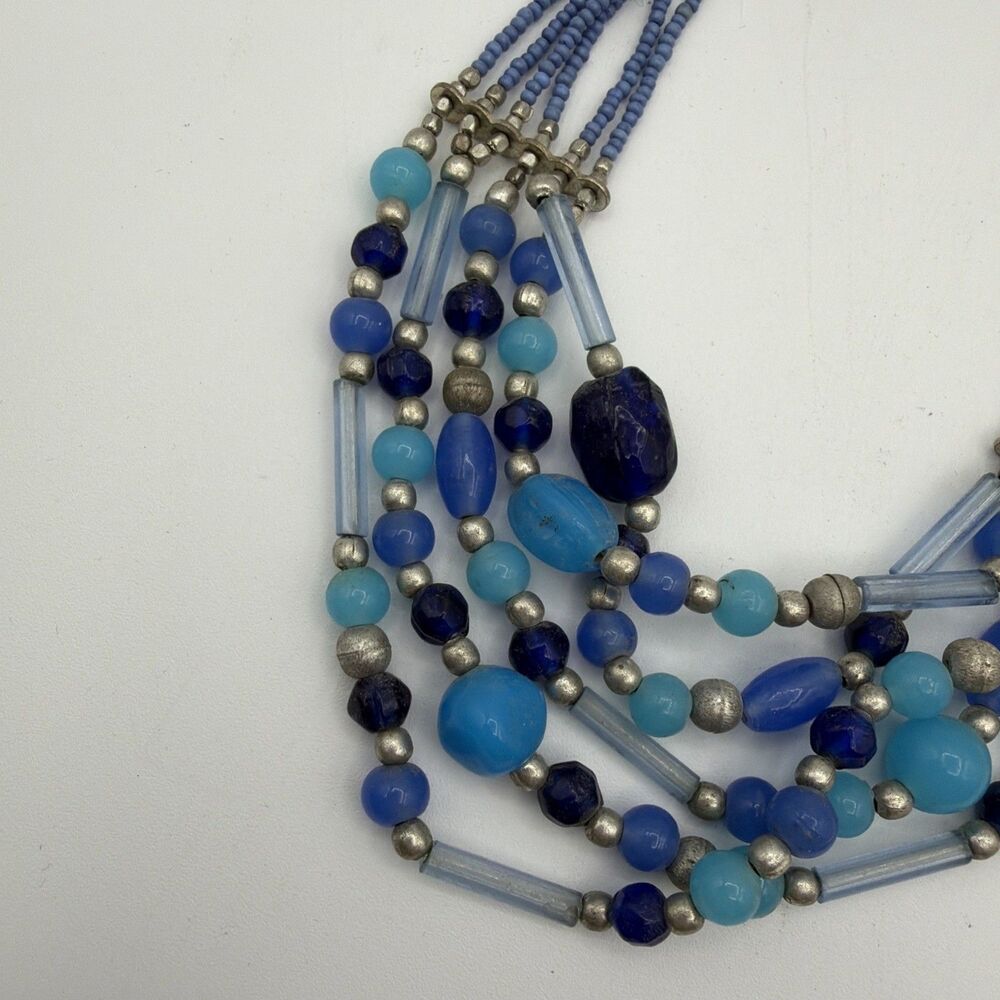 Multi Strand Blue Beaded Necklace Boho Statement Layered Glass Seed Beads - Picture 4 of 7